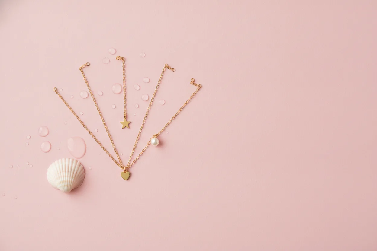 Drie dunne goudkleurige kettinkjes met kleine hangertjes in een waaier