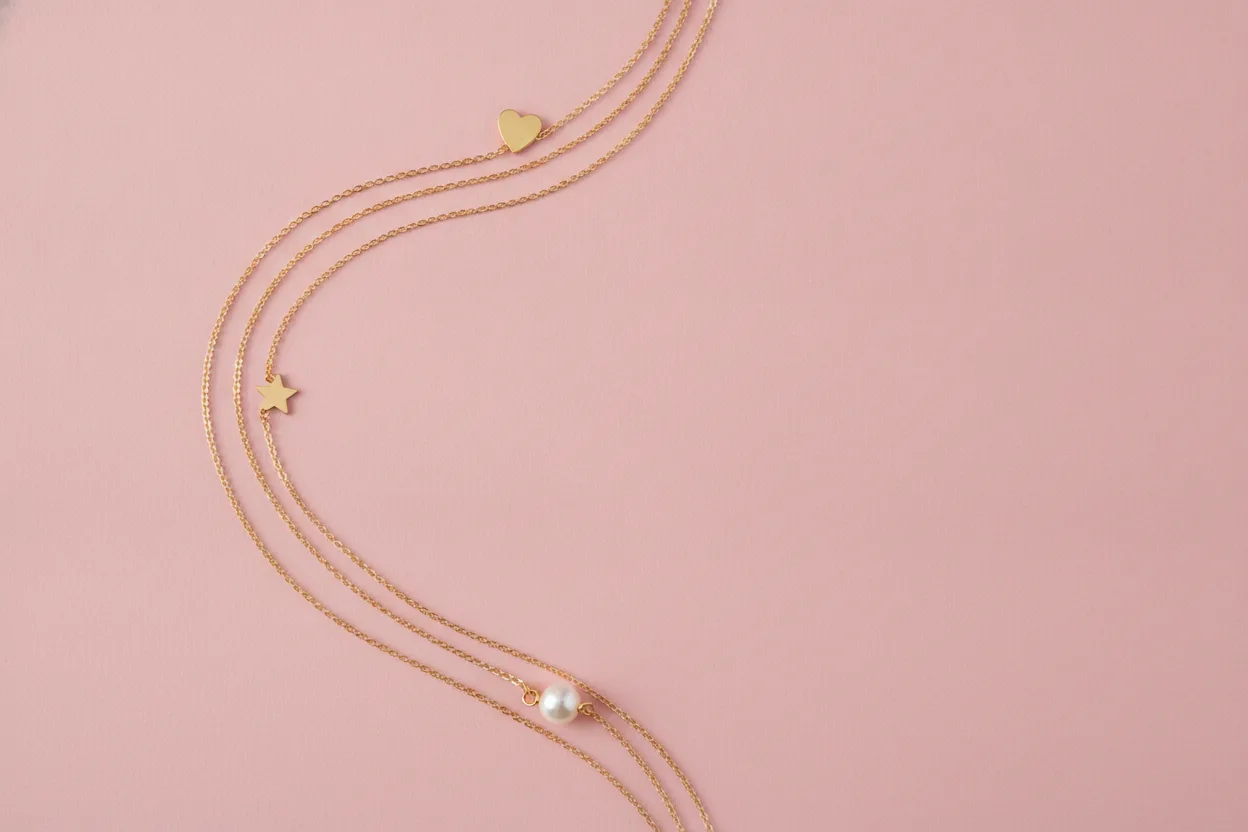 Drie dunne goudkleurige kettinkjes met kleine hangertjes op verschillende lengtes