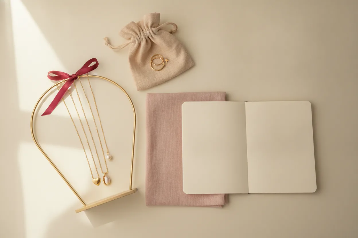 Drie goudkleurige kettinkjes die op verschillende lengtes voor een boog hangen