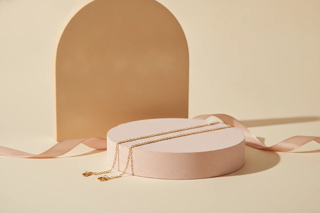 Twee identieke goudkleurige armbandjes samen op een podium