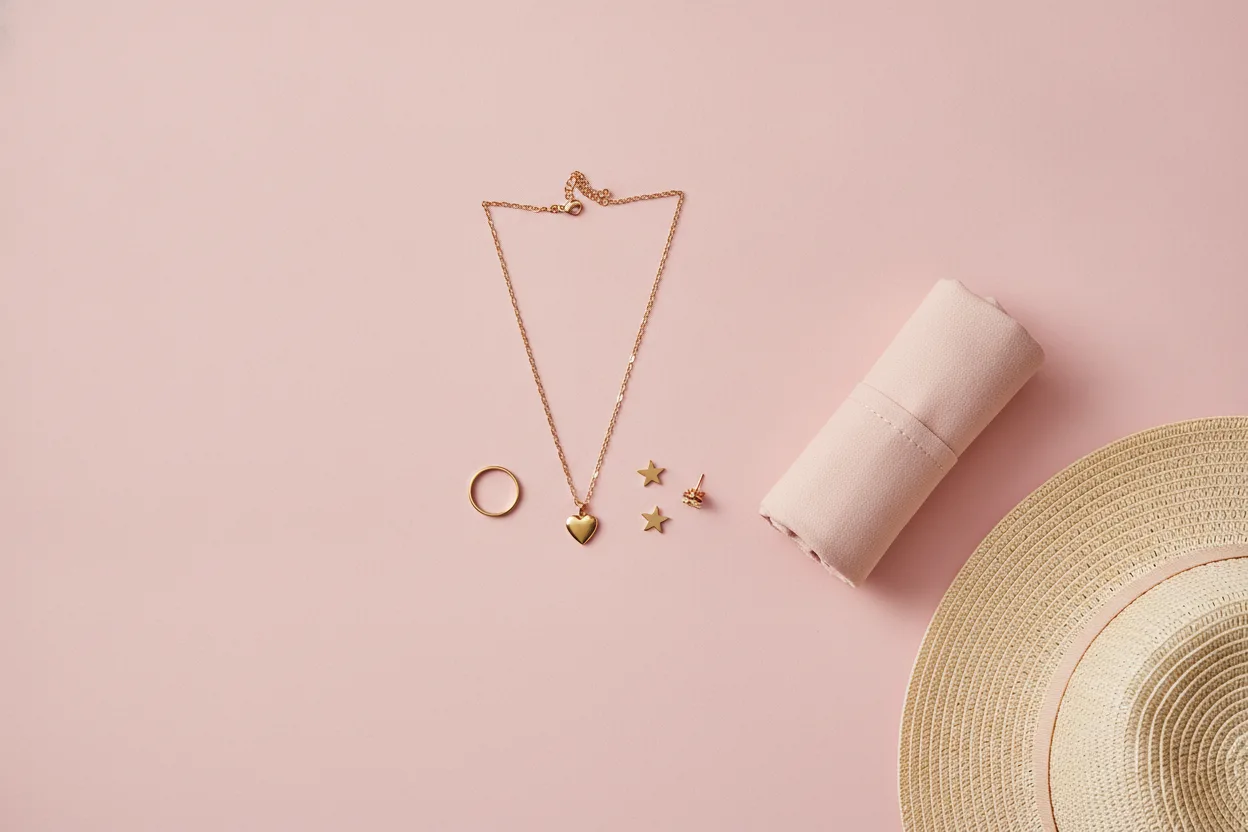 Een kettinkje, armbandje en oorknopjes compact bij elkaar als reisset